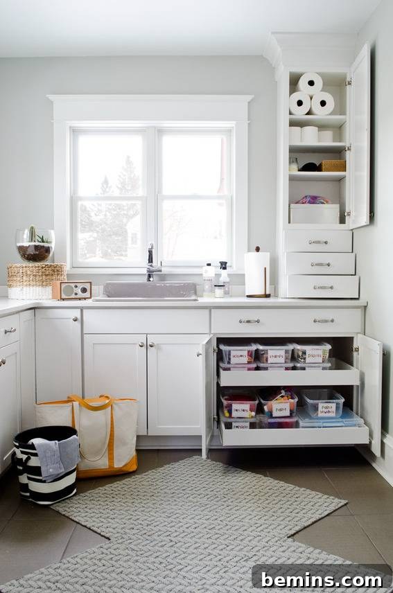Laundry room with white shelves, and lots of organization.