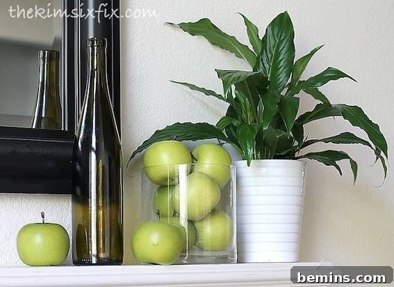 Shelf decorated with potted plant, bottle and glass with green apples.