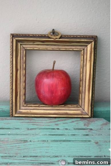 A red apple sitting in a gold frame against a wall.