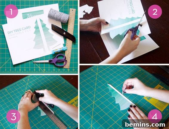 DIY Christmas Tree Card Tutorial Free Template 4 A person working on crafts at a gridded cutting board, preparing materials for a DIY Christmas card project.