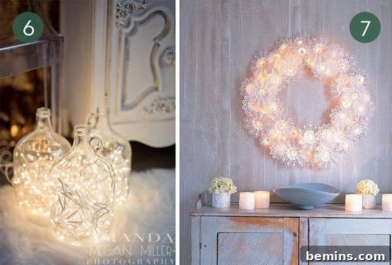 10 Unique Christmas Light Display Ideas 4 Christmas lights displayed in glass bottles and on walls.