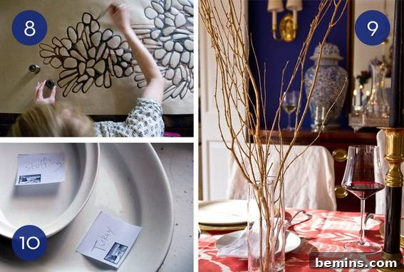 Holiday preparations with labelled platters and creative table settings.