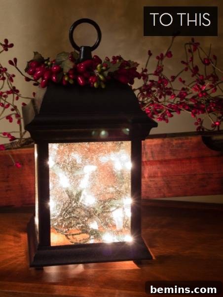A light is glowing from inside of a black casing. The finished lantern illuminated.
