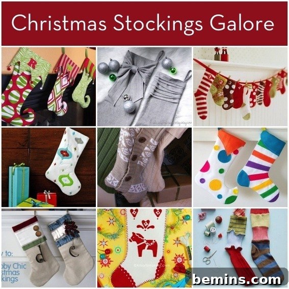 A collection of diverse and uniquely designed Christmas stockings, showcasing various styles and materials.