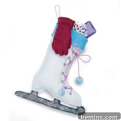 A delightful ice skate Christmas ornament, complete with miniature gloves and fluffy pom-poms, evoking the joy of winter.