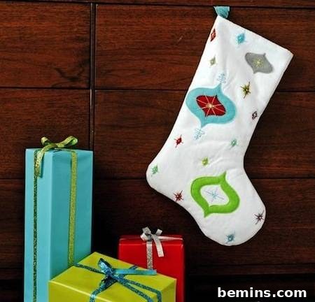 A mid-century modern Christmas stocking hanging on a wall, accompanied by three colorful gifts, showcasing a retro-chic style.