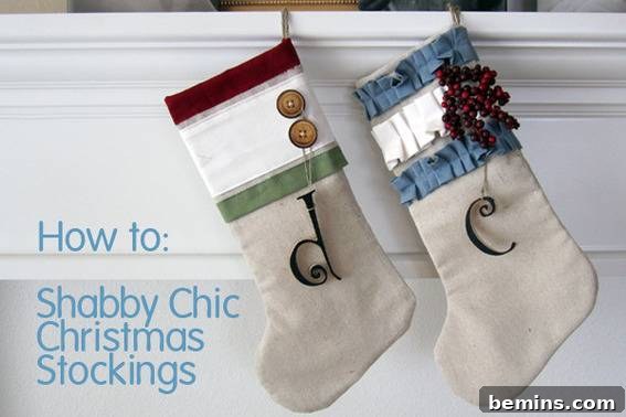 Christmas stockings embellished with buttons, fabrics, and decorative hangings, showcasing a delightful shabby chic aesthetic.