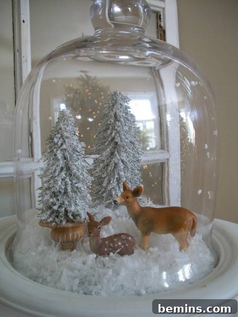 A budget-friendly Christmas cloche vignette using Dollar Store trees, borrowed toys, and styrofoam snow.