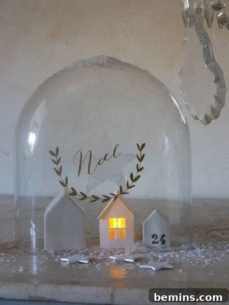 A simple Christmas bell jar decoration featuring a battery-operated candle and delicate paper ornaments.