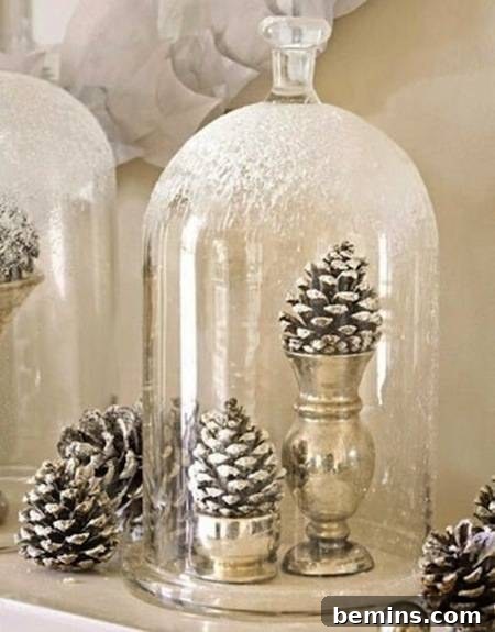 A snow-themed bell jar decoration featuring artificial snow, miniature pine trees, and woodland creatures.