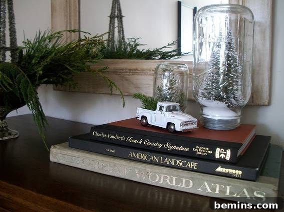 An alternative Christmas decoration using an inverted jar to create a bell jar effect.