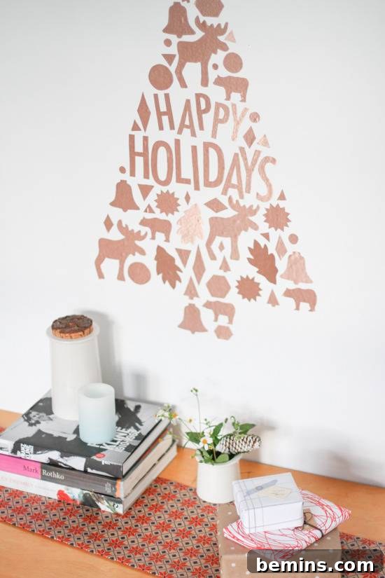 Craft Your Own Festive Wall Decor: Removable Decal Magic 5 A wall decal for Christmas is over a table. Finished DIY holiday wall art project.