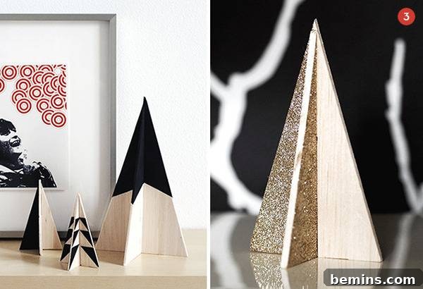 Creative Christmas: 10 Unique Tabletop Tree Alternatives 5 Three beige and black paper Christmas trees on a table and one beige and white paper folded Christmas tree