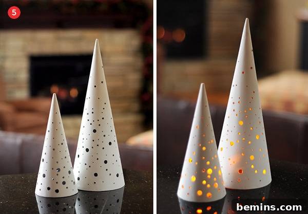 Creative Christmas: 10 Unique Tabletop Tree Alternatives 7 Paper cones with holes that light from the inside.