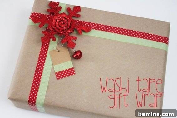A present is wrapped in brown kraft paper with washi tape on it instead of ribbon.