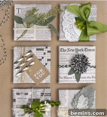 Different presents wrapped with newspapers and decorative bows.