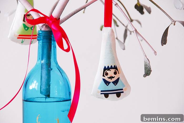 Several finished DIY elf ornaments in various colors and patterns
