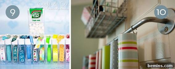 Tic Tac containers have been converted into ribbon or tape holders, and a horizontal bar has other craft items hanging from it.