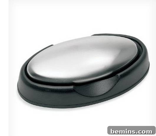 A stainless steel soap holder.