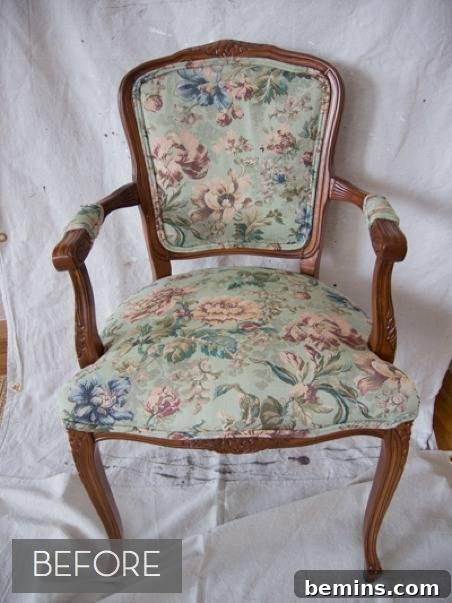 The Victorian chair before its chalk paint makeover.
