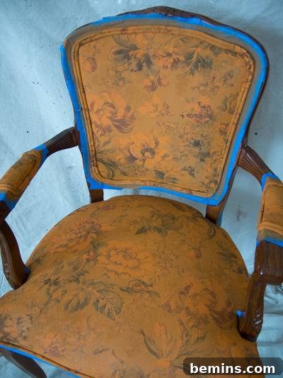 Victorian chair after one coat of Annie Sloan chalk paint.