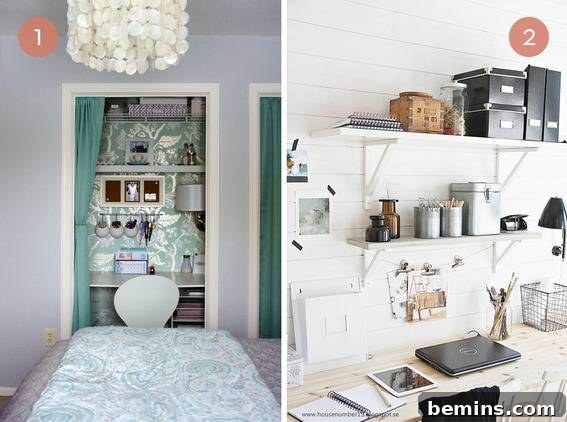 A closet transformed into a functional home office with a green curtain.