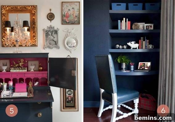 A secretary desk used as a small home office with decorative items.