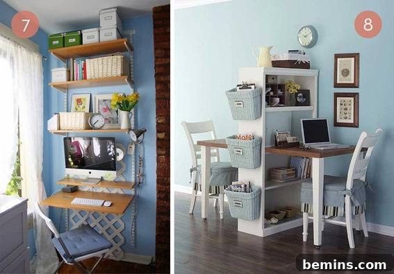 A wall-mounted shelf used as a simple and inexpensive home office.