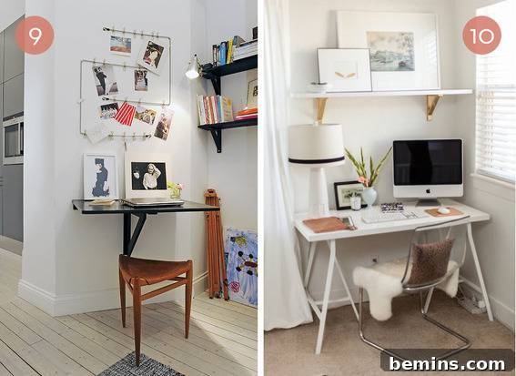 A wall-mounted fold-down desk used in a modern small home office.