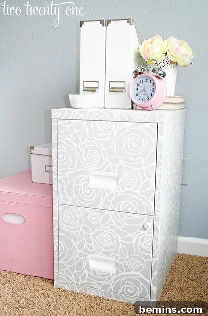Tips for Radically Revamping Your Filing Cabinet 3 Cabinet overhaul makeover tips and tricks, showcasing a stenciled filing cabinet.
