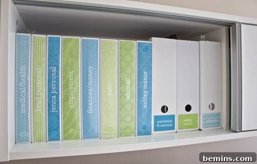 Tips for Radically Revamping Your Filing Cabinet 5 A shelf filled with green and blue binders, showcasing an alternative to filing cabinets.