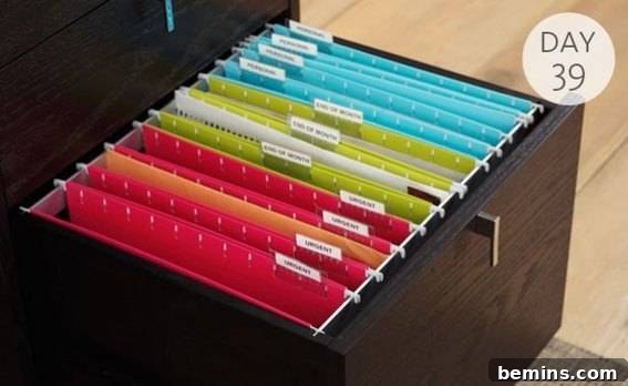 Tips for Radically Revamping Your Filing Cabinet 7 Colorful files in a black file drawer, demonstrating the benefits of color-coding.