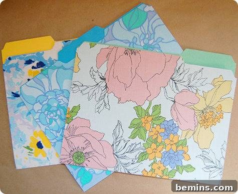 Tips for Radically Revamping Your Filing Cabinet 9 Several colorful files sitting on a brown surface, demonstrating vintage fabric file folders.