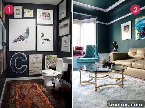 Dark Walls Dazzle Your Guide to Deep Hues 3 An elegant collection of rooms showcasing dark painted walls adorned with various framed artworks and decorative elements.