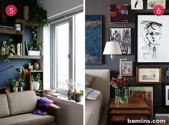 Dark Walls Dazzle Your Guide to Deep Hues 5 A serene living room featuring dark walls, abundant potted plants, and elegantly framed photographs, creating a natural and inviting atmosphere.