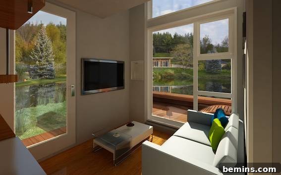 Eye Candy: 11 Tiny Homes That Will Steal Your Heart 24 Living room with blue sofa and white coffee table