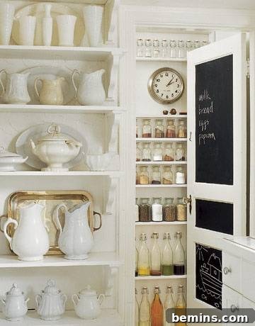 Kitchen and dining items in storage racks.