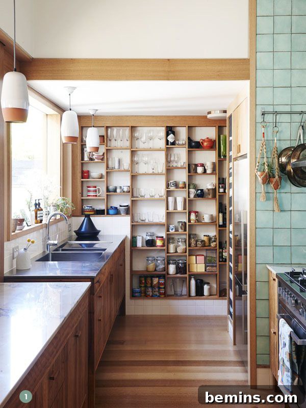 7 Chic and Clever Open Pantry Ideas 2 Kitchen items are organized in pantry.