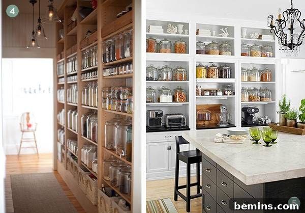 7 Chic and Clever Open Pantry Ideas 4 Various jars filled with pantry items still bookshelves arranged to make a pantry