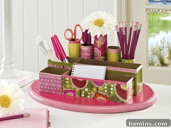 7 Creative DIY Desktop Organizer Ideas 3 Desktop Organizers with Colorful wrappers Wrapped on Cardboard Boxes