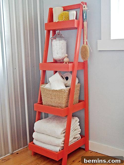 Storage stand to arrange and declutter the bathroom, demonstrating effective vertical storage.