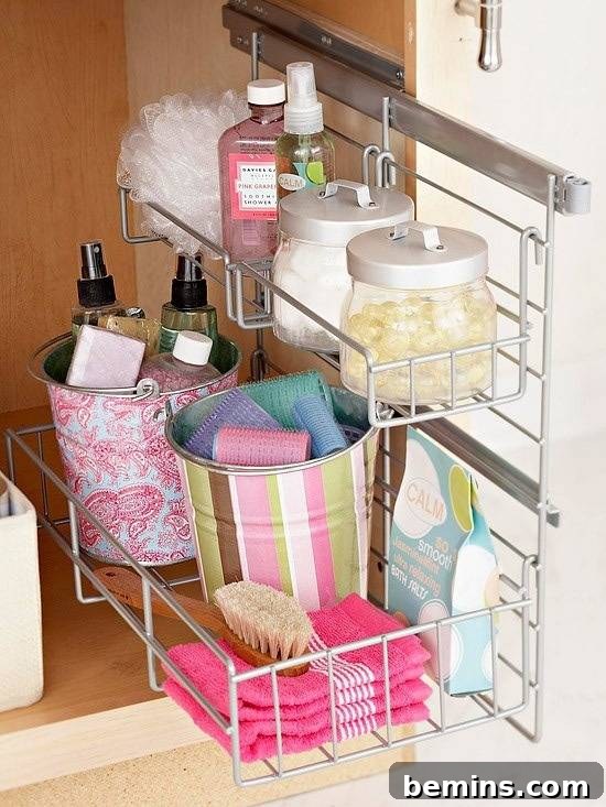 Declutter your bathroom fast with these clever organization ideas, showcasing under-sink storage.