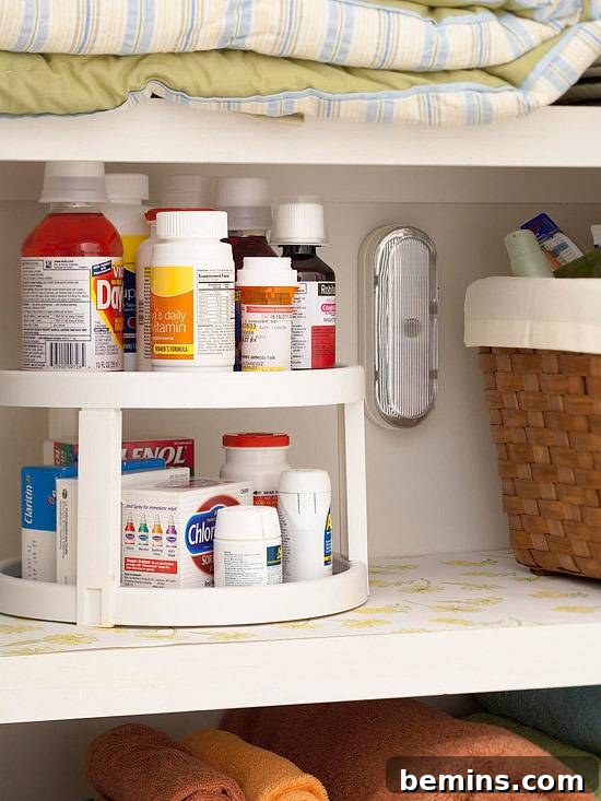Bathroom organizing hacks featuring a Lazy Susan for easy access to toiletries.
