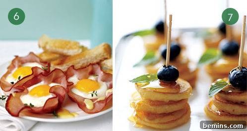 Delicious brunch options: Ham and egg cups and mini pancake stacks