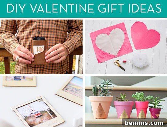 Handmade Valentine's Day Gifts: Polaroid photos, wallet, heart cutout, and gold pyramids on flower pots