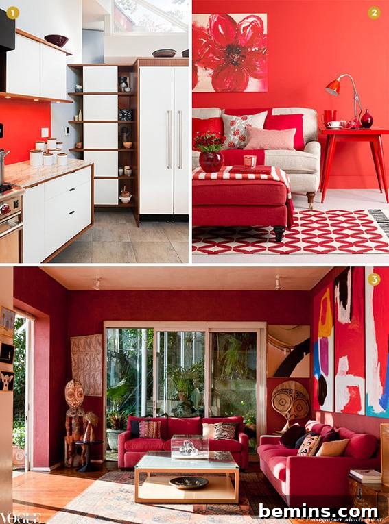 A collection of rooms and kitchens showcasing different shades and applications of red walls