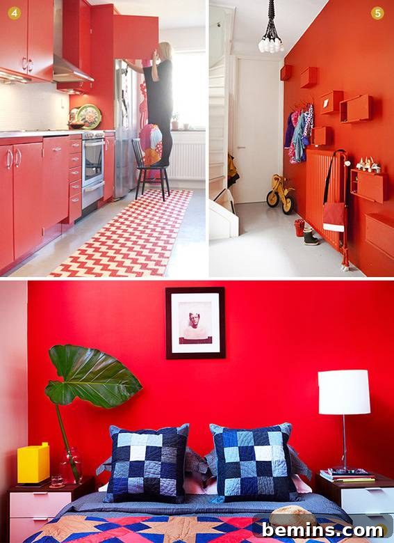 Various red walls in a kitchen, entryway, and bedroom, demonstrating different styles and textures