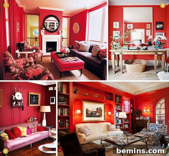 Traditional style rooms showcasing bold red walls and furniture, highlighting different design aesthetics