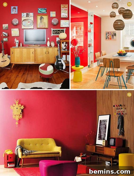 Modern red dining room and living room showcasing contemporary design and the use of red accents