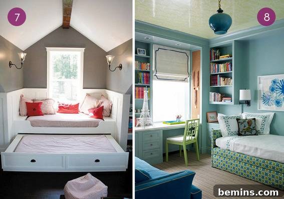 Visually Appealing: 10 Clever Guest Bedroom Ideas for Small Homes 9 Trundle bed in an attic space, serving as both a reading nook and a guest bed.